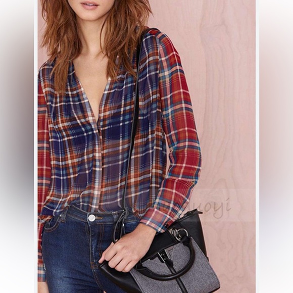 Anthropologie Maeve Plaid Sheer Button Up Blouse Size Small - Picture 4 of 10